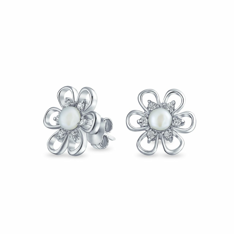 Shop Women Bling Jewelry Stud Earrings | Freshwater Cultured Pearl Daisy Cz Stud Earrings .925 Sterling Silver