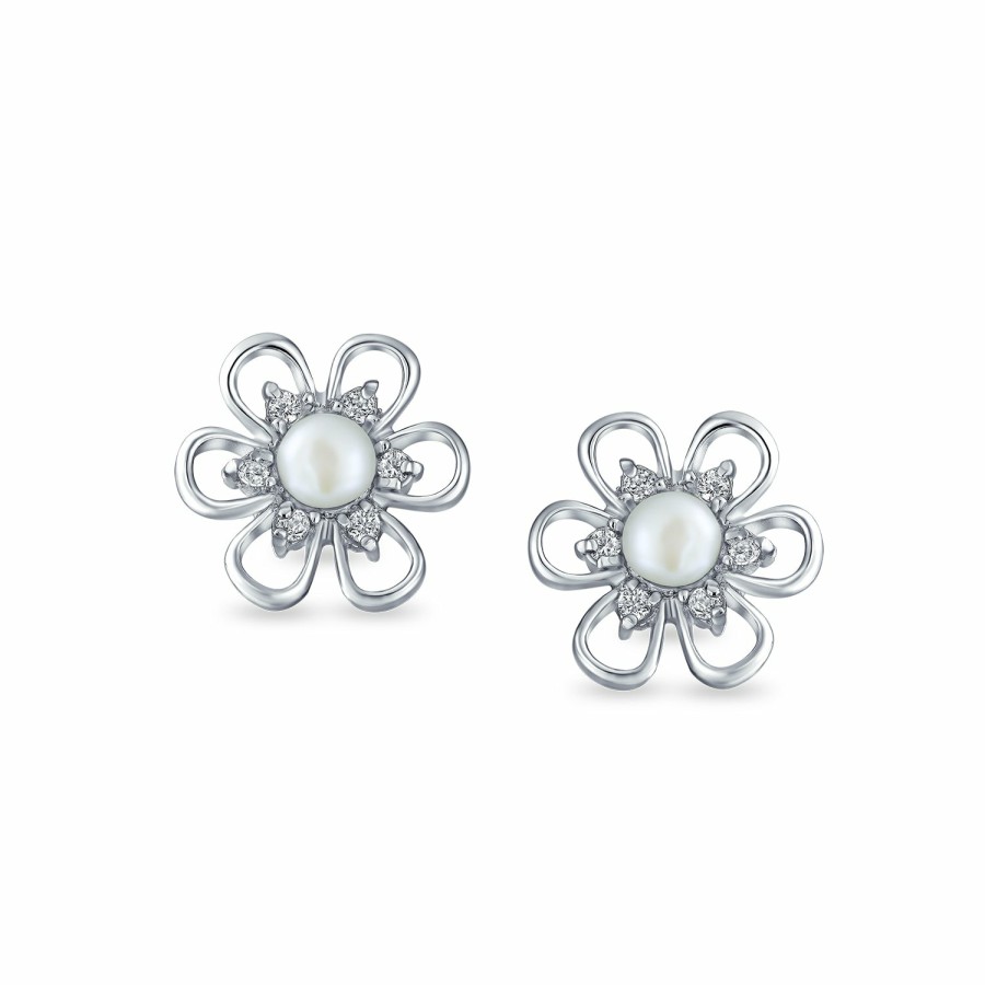 Shop Women Bling Jewelry Stud Earrings | Freshwater Cultured Pearl Daisy Cz Stud Earrings .925 Sterling Silver