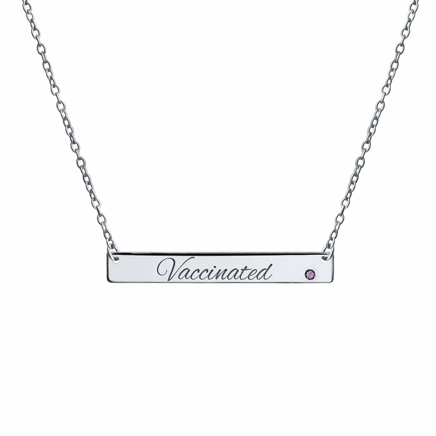 Shop Women Bling Jewelry Pendant Necklaces | Vaccinated Horizontal Name Plate Bar Crystal Birthstone .925 Silver