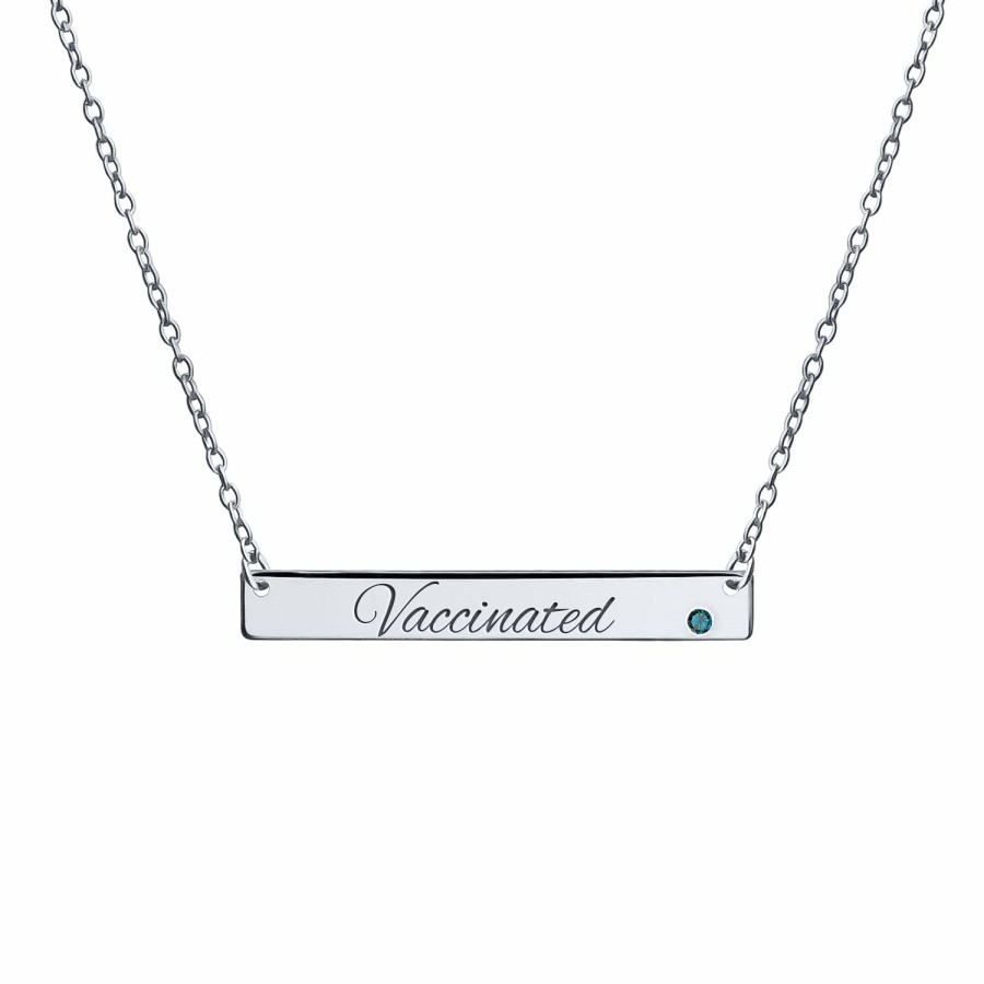 Shop Women Bling Jewelry Pendant Necklaces | Vaccinated Horizontal Name Plate Bar Crystal Birthstone .925 Silver