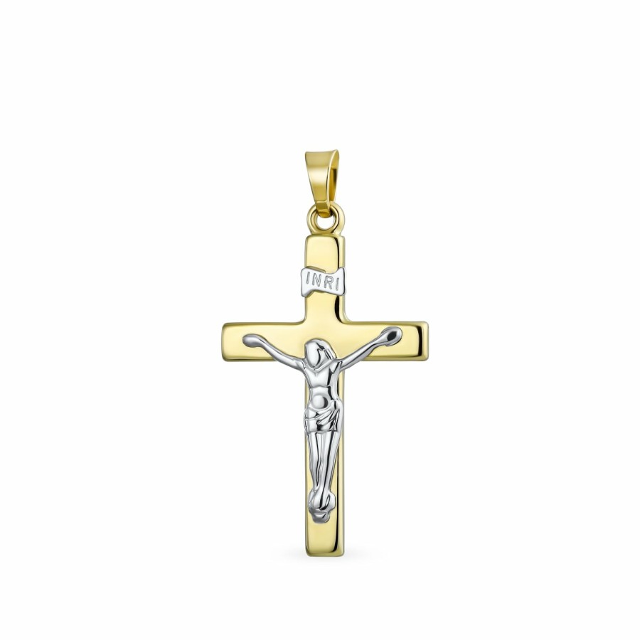 Shop Women Bling Jewelry Engravable Necklaces | 14K Yellow Religious Jesus Inri Crucifix Cross Pendant Gold