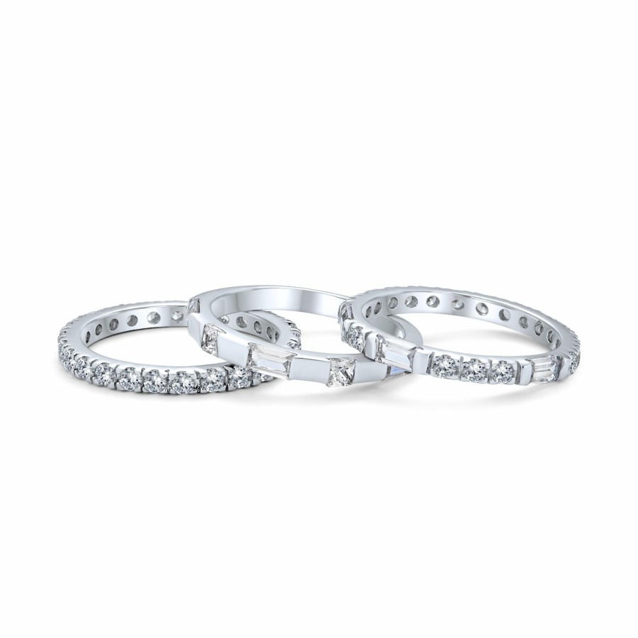 Shop Women Bling Jewelry Wedding Rings Sets | Stacking Aaa Cz Baguette Eternity Wedding Band Ring Set .925 Sterling Silver