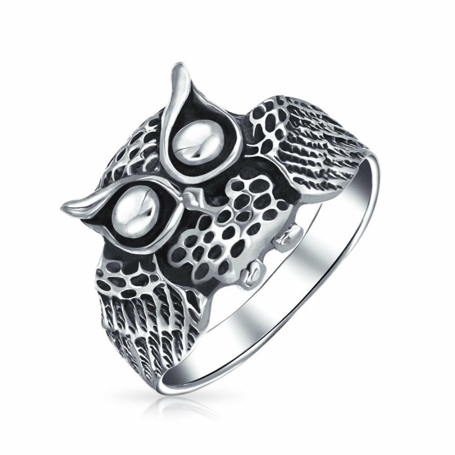 Shop Men Bling Jewelry Mens Rings | Unisex Protection Wise Owl Bird Band Ring Oxidized .925 Sterling