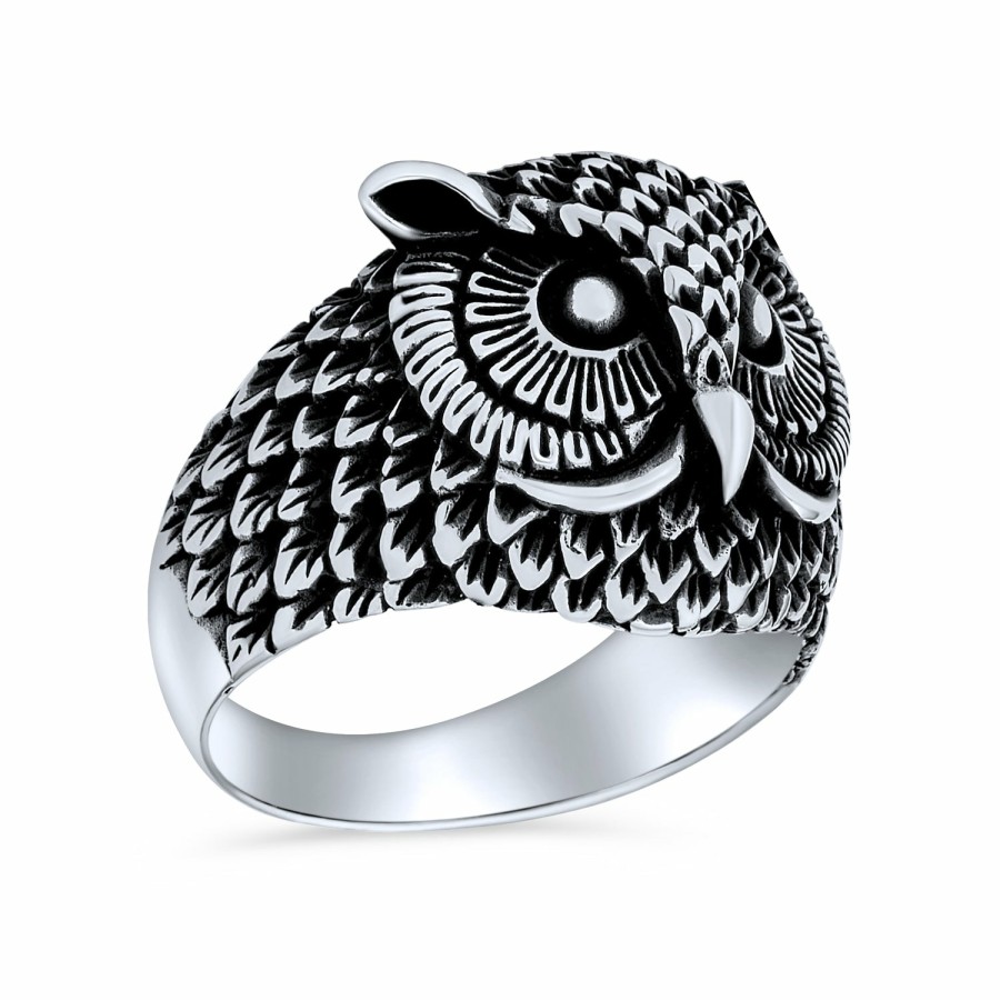 Shop Men Bling Jewelry Mens Rings | Unisex Protection Wise Owl Bird Band Ring Oxidized .925 Sterling