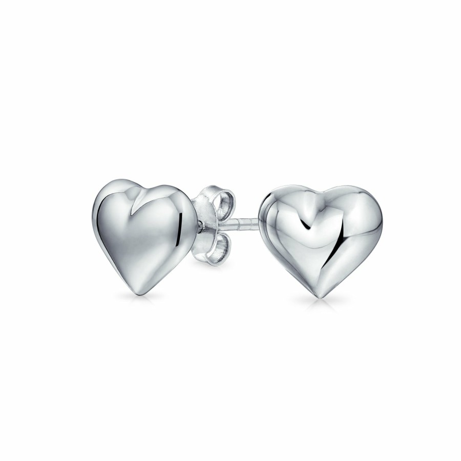 Shop Women Bling Jewelry Engravable Earrings | Small Love Heart Puffed Stud Earrings Shinny .925 Sterling Silver