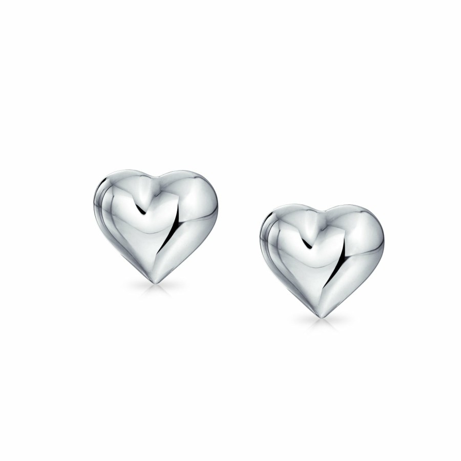 Shop Women Bling Jewelry Engravable Earrings | Small Love Heart Puffed Stud Earrings Shinny .925 Sterling Silver