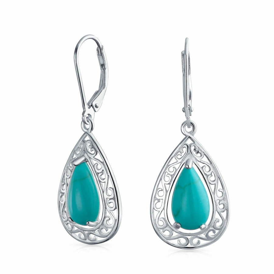 Shop Women Bling Jewelry Dangle Drop Earrings | Blue Turquoise Lever Back Filigree Dangle Western Earrings .925 Silver