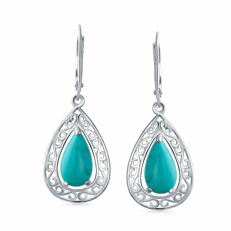 Shop Women Bling Jewelry Dangle Drop Earrings | Blue Turquoise Lever Back Filigree Dangle Western Earrings .925 Silver