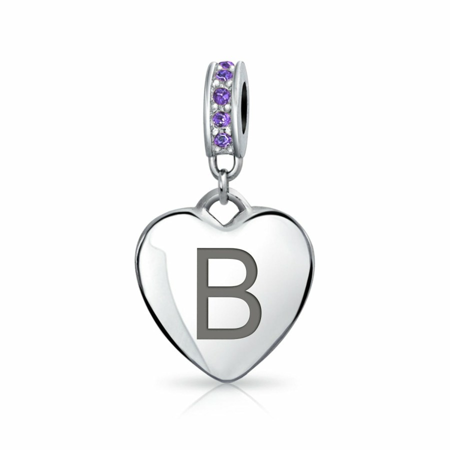 Shop Women Bling Jewelry Abc Initial | Heart Dangle Bead Charm Crystal Purple February .925 Sterling Silver