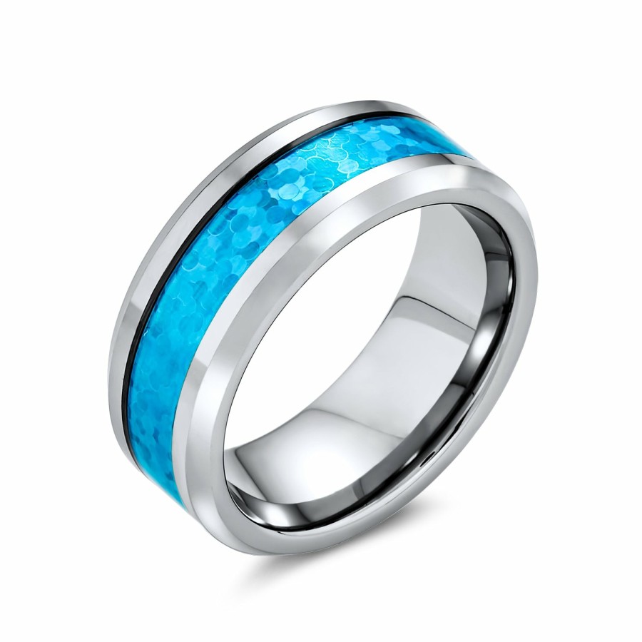 Shop Men Bling Jewelry Mens Rings | Blue Turquoise Couple Wedding Band Titanium Ring For Men 8Mm Silver