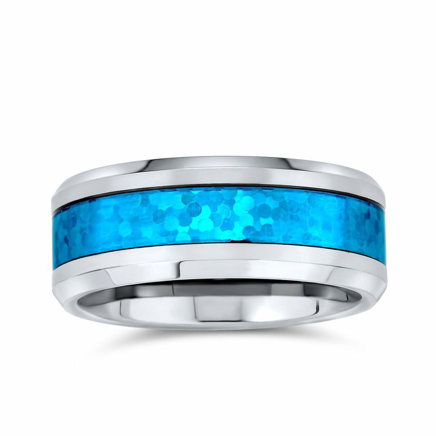 Shop Men Bling Jewelry Mens Rings | Blue Turquoise Couple Wedding Band Titanium Ring For Men 8Mm Silver