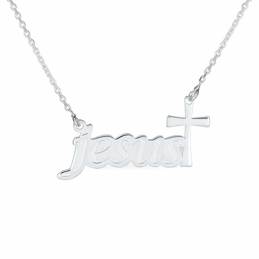 Shop Women Bling Jewelry Engravable Necklaces | Religious Cross "Jesus" Word Pendant Necklace .925Sterling Silver