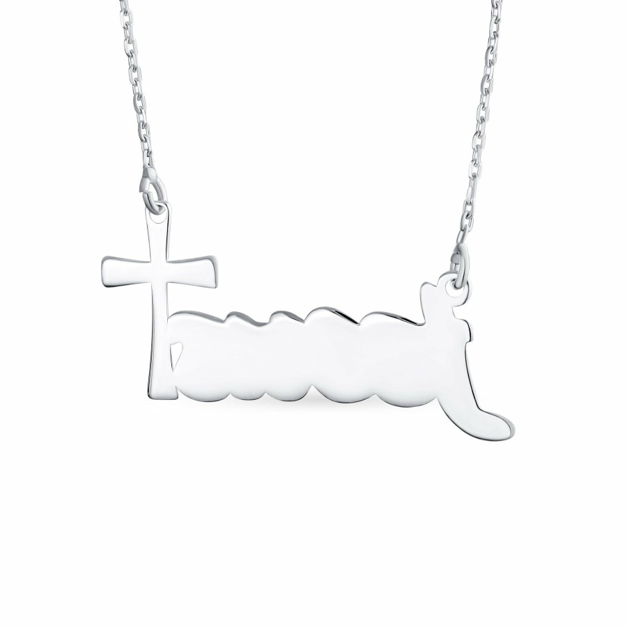 Shop Women Bling Jewelry Engravable Necklaces | Religious Cross "Jesus" Word Pendant Necklace .925Sterling Silver