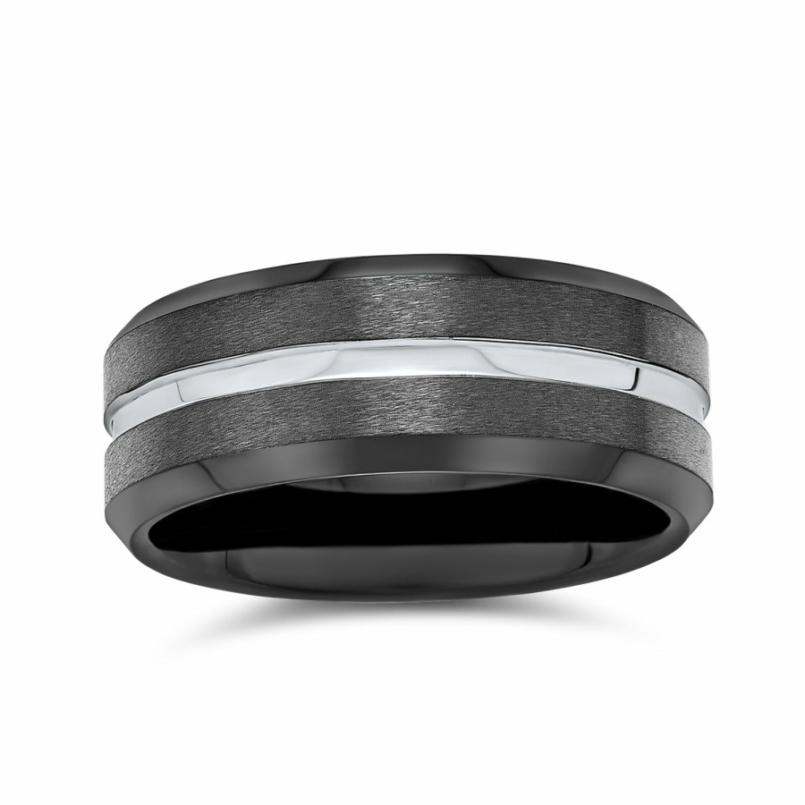 Shop Men Bling Jewelry Mens Rings | Silver Two Tone Center Couples Wedding Band Titanium Rings 8Mm Black