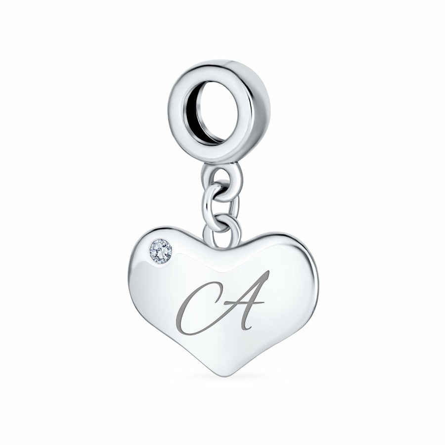 Shop Women Bling Jewelry Birthstone Beads | Script White Clear Crystal Accent Heart Dangle Bead Charm .925 Silver