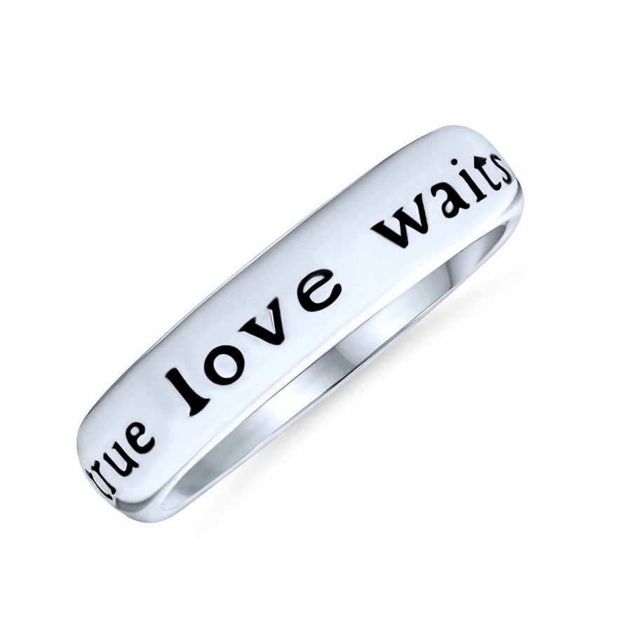 Shop Women Bling Jewelry Engravable Rings | Mantra Words True Love Waits Purity Ring Band .925 Sterling Silver