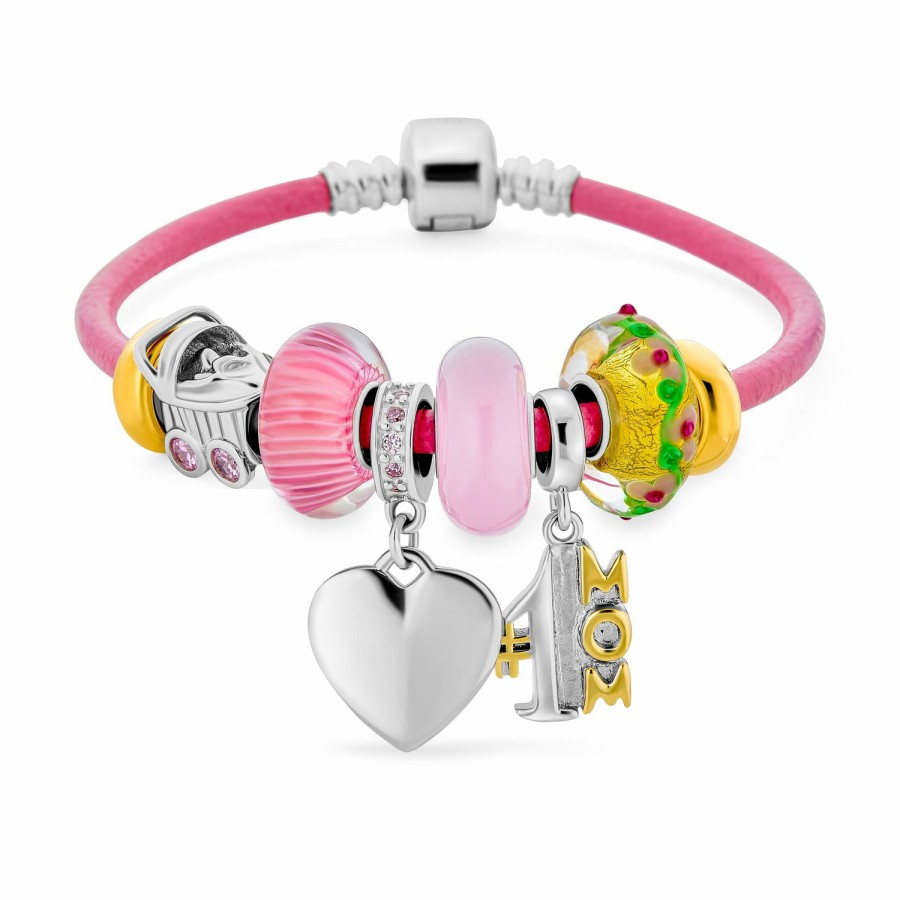 Shop Women Bling Jewelry Charm Bracelets | #1 Mother Love Heart Charm Pink Leather Bracelet .925Sterling Silver