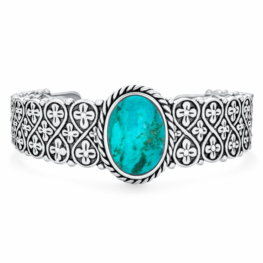 Shop Women Bling Jewelry Cuff Bangle Bracelets | Oval Cabochon Turquoise Infinity Lattice Cuff Bracelet .925 Silver