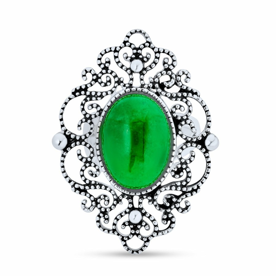 Shop Women Bling Jewelry Statement Cocktail Rings | Oval Dyed Green Jade Armor Full Finger Ring .925 Sterling Silver