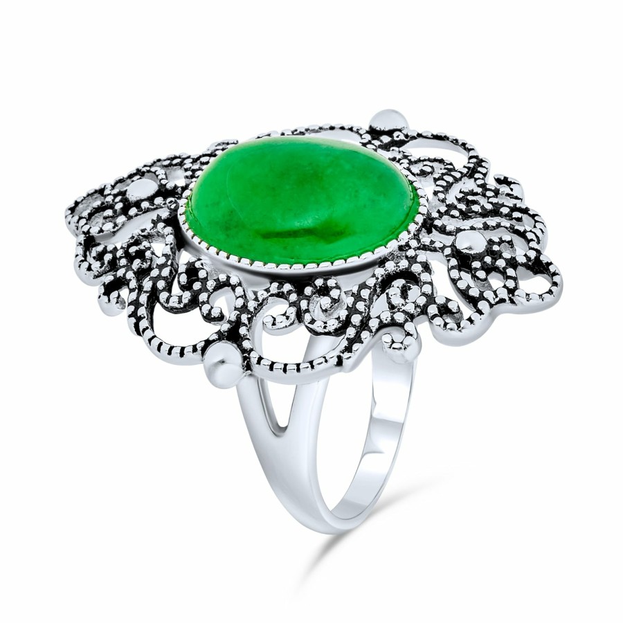 Shop Women Bling Jewelry Statement Cocktail Rings | Oval Dyed Green Jade Armor Full Finger Ring .925 Sterling Silver