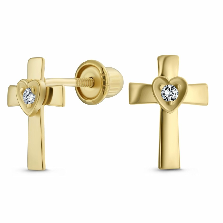 Shop Women Bling Jewelry Stud Earrings | Religious Crucifix Cross Jesus Fish Stud Earrings Cz Real 14K