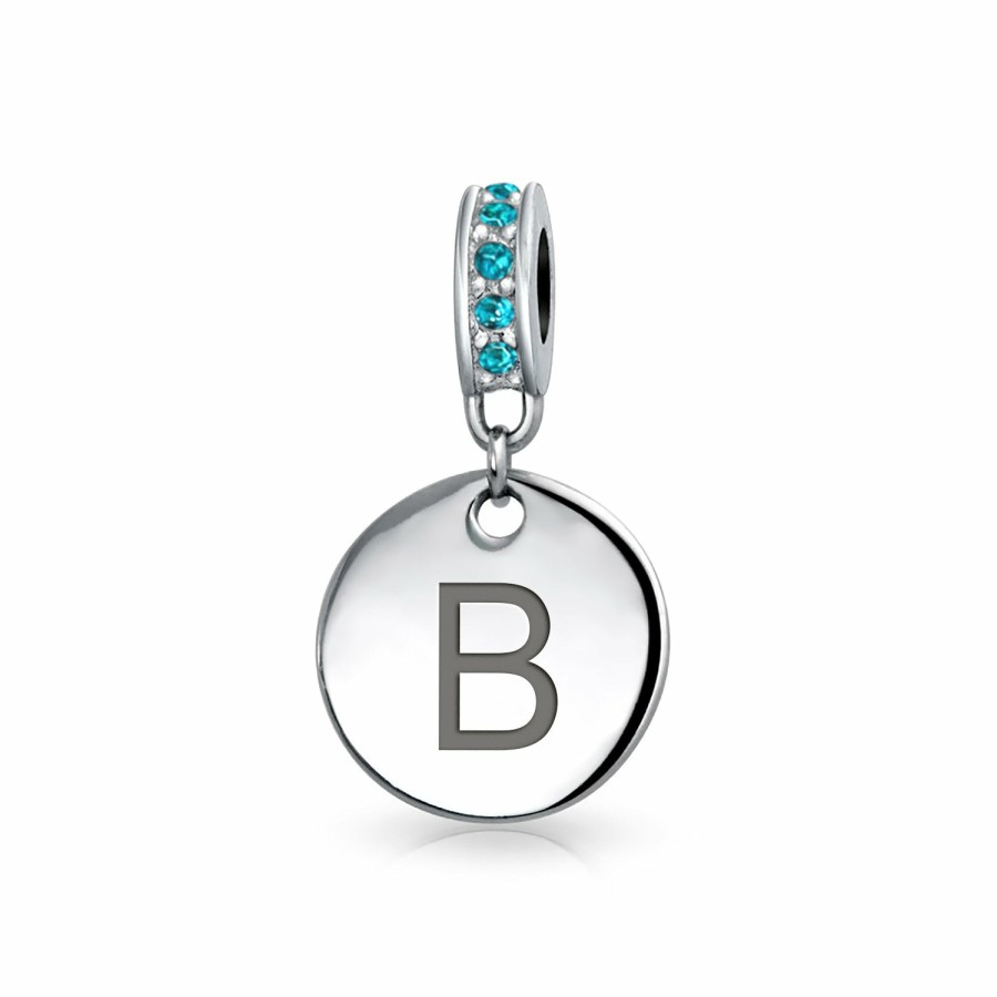 Shop Women Bling Jewelry Alphabet Beads | Aqua Crystal Alphabet Initials Disc Circle Charm Bead .925 Silver