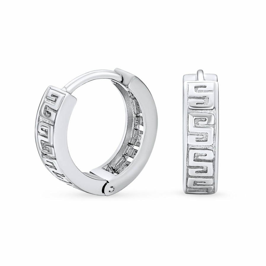 Shop Women Bling Jewelry Hoops Huggies Earrings | Thin Greek Key Cutout Design Hoop Earrings .925 Sterling Silver