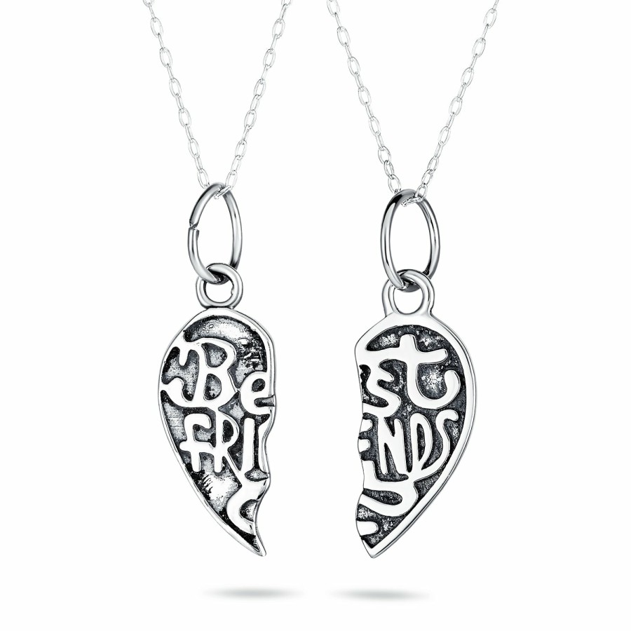 Shop Women Bling Jewelry Pendant Necklaces | Etched Best Friends Split Heart Break Apart Sterling Silver Necklace