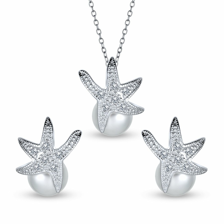 Shop Women Bling Jewelry Stud Earrings | Beach Bridal Cz Starfish Pearl Pendant Earrings Jewelry Set .925 Sterling Silver