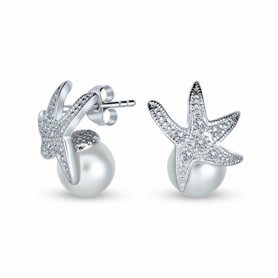 Shop Women Bling Jewelry Stud Earrings | Beach Bridal Cz Starfish Pearl Pendant Earrings Jewelry Set .925 Sterling Silver