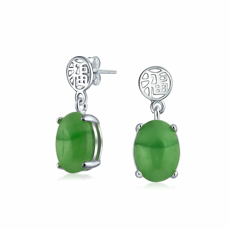 Shop Women Bling Jewelry Dangle Drop Earrings | Asian Style Green Jade Chinese Good Tune Drop Earrings Sterling Silver