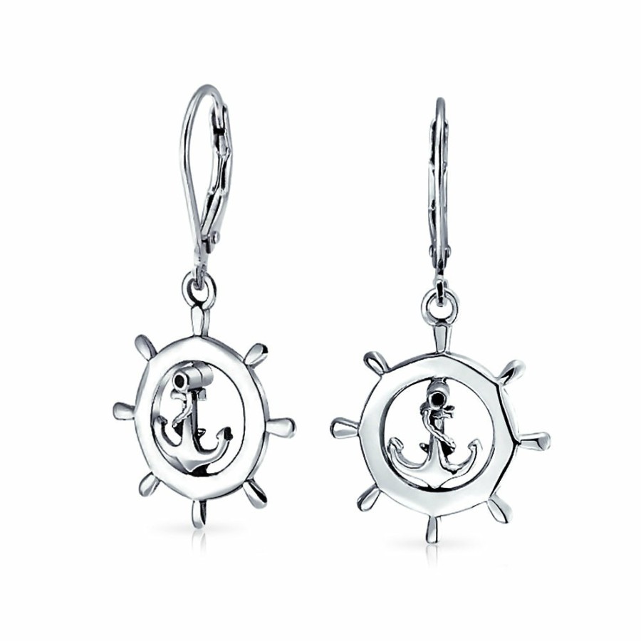 Shop Women Bling Jewelry Dangle Drop Earrings | Nautical Boat Ship Wheel Anchor Earrings Sterling Lever Back