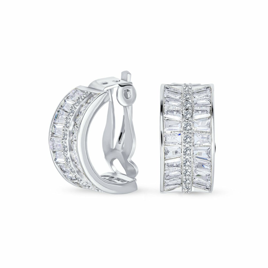 Shop Women Bling Jewelry Clip On Earrings | Art Deco Baguette Cz Half Hoop Earrings On Clip Plated