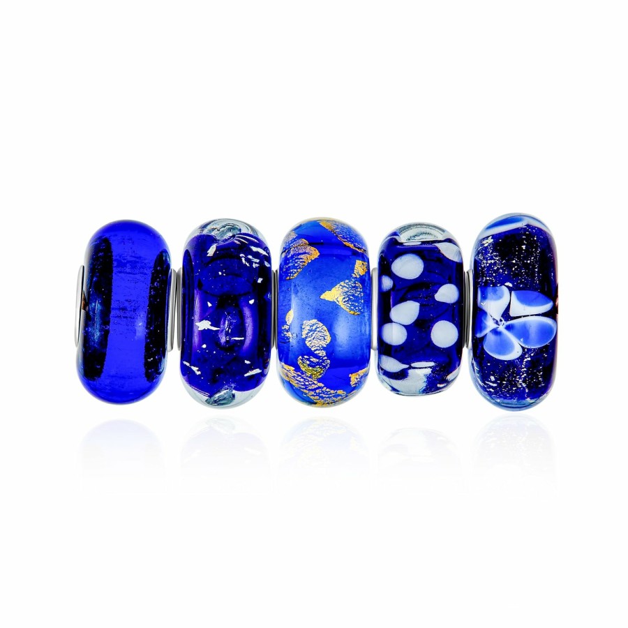 Shop Women Bling Jewelry Flower Beads | Bundle Set 6 Assorted Blue Navy Murano Glass Bead Charm .925 Silver