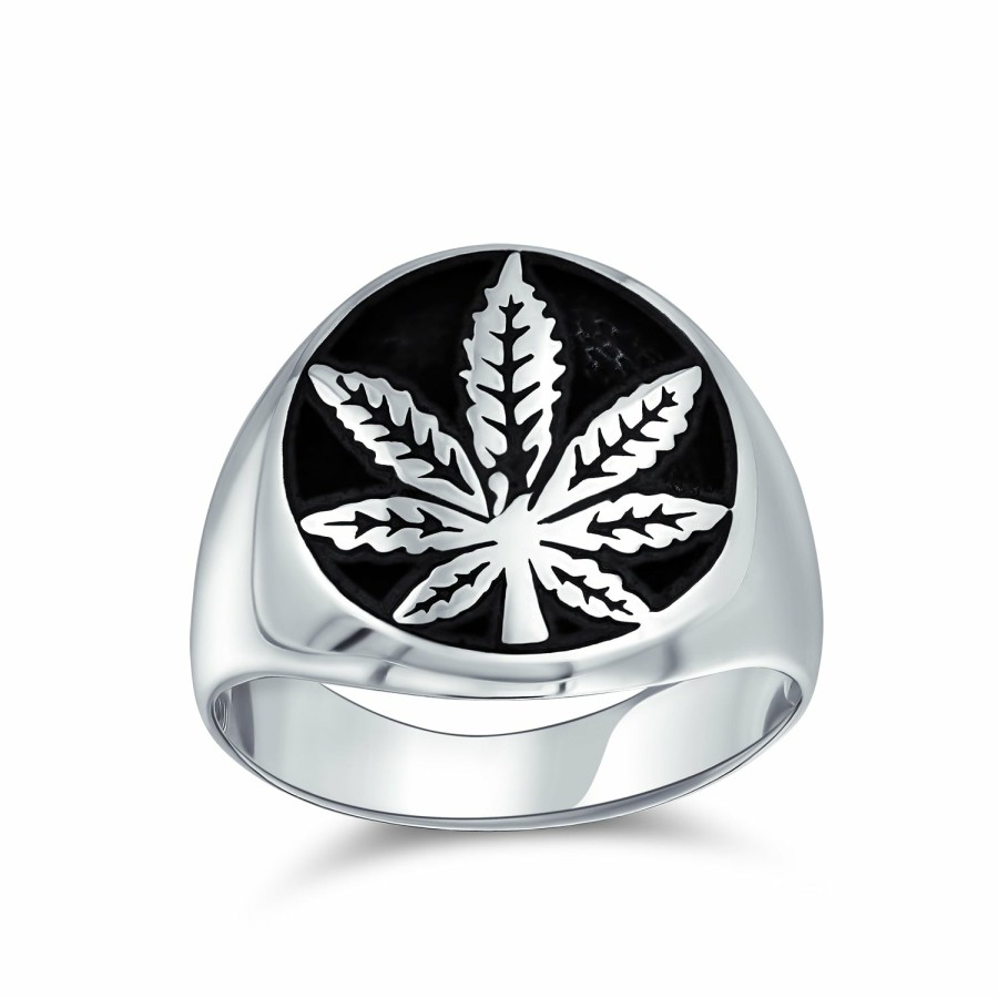 Shop Women Bling Jewelry Engravable Rings | Men'S Medallion Leaf Signet Marijuana Ring 2 Tone .925Sterling Silver