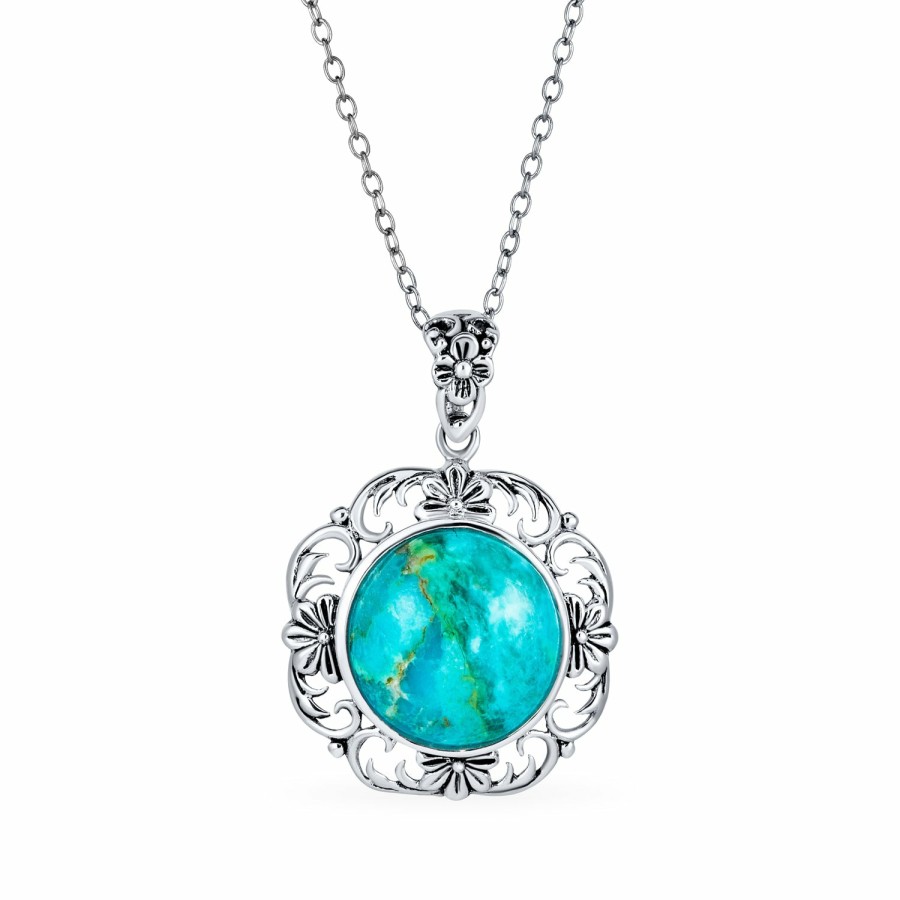 Shop Women Bling Jewelry Pendant Necklaces | Octagon Turquoise Gemstone Filigree Pendant Western Necklace Silver