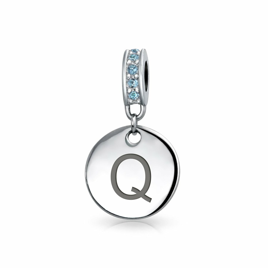 Shop Women Bling Jewelry Love Heart Beads | Blue Crystal Alphabet Initials Disc Dangle Circle Charm Bead .925 Silver