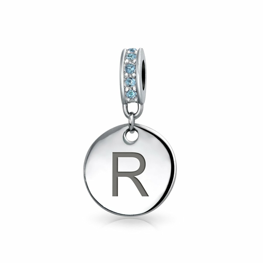 Shop Women Bling Jewelry Love Heart Beads | Blue Crystal Alphabet Initials Disc Dangle Circle Charm Bead .925 Silver