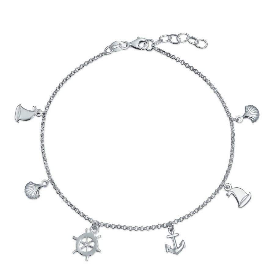 Shop Women Bling Jewelry Delicate Bracelets | Charm Dangle Anchor Sailboat Ship Wheel Anklet .925 Sterling Silver