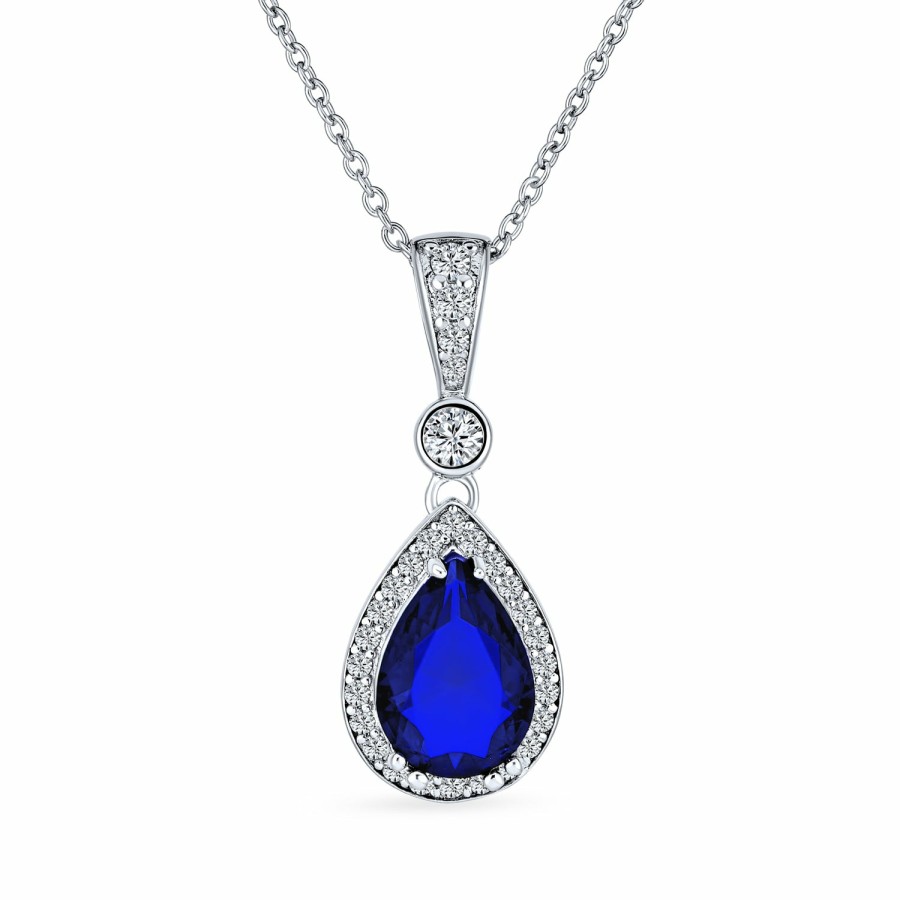 Shop Women Bling Jewelry Pendant Necklaces | Solitaire Drop Pendant Necklace Imitation Sapphire Cz Halo