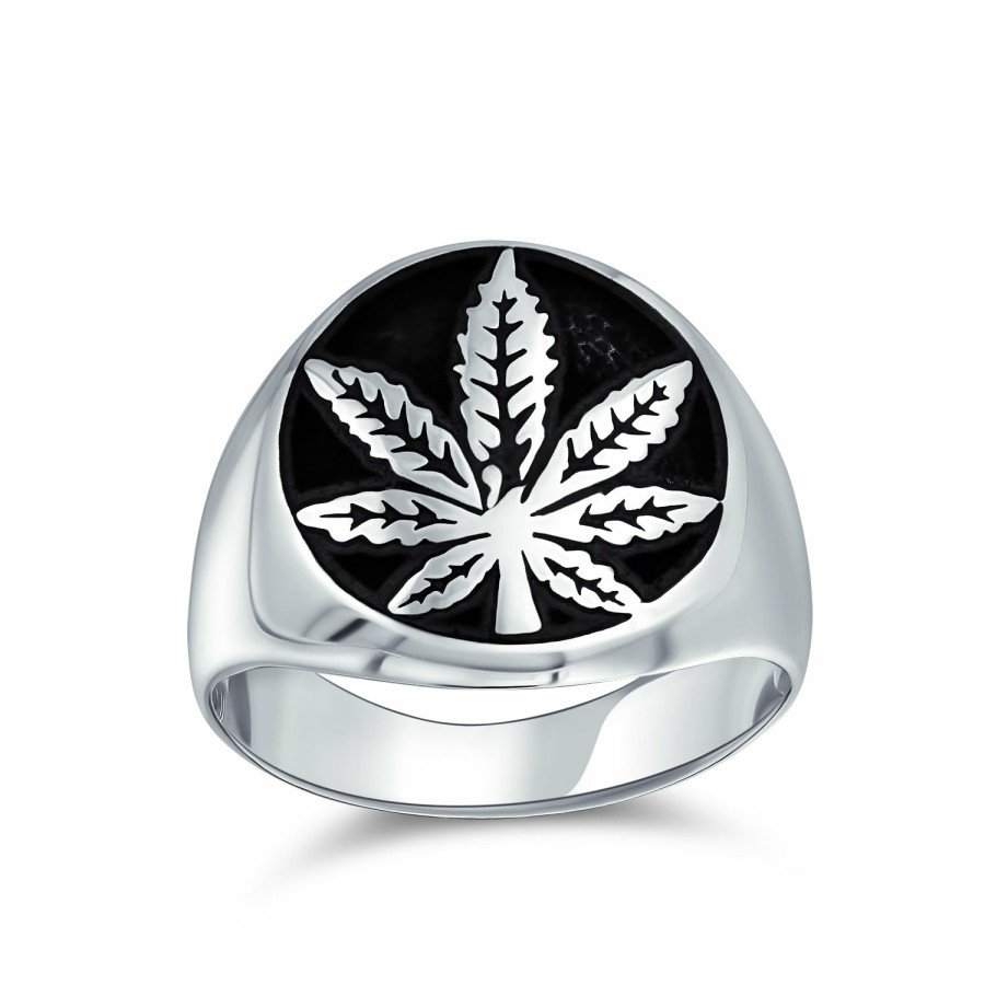 Shop Women Bling Jewelry Unique Rings | Men'S Medallion Leaf Signet Marijuana Ring 2 Tone .925Sterling Silver