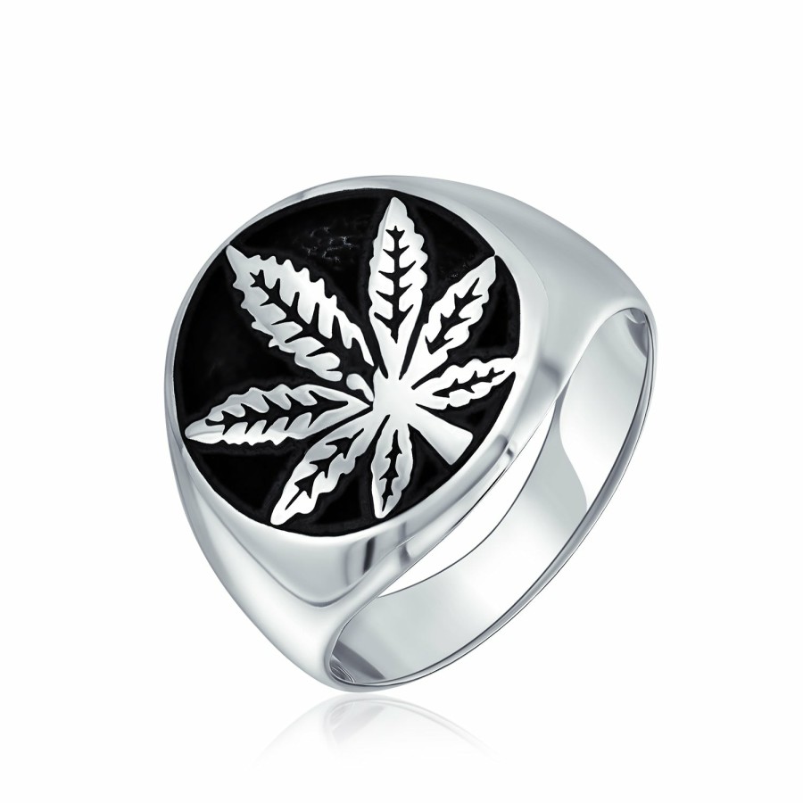 Shop Women Bling Jewelry Unique Rings | Men'S Medallion Leaf Signet Marijuana Ring 2 Tone .925Sterling Silver