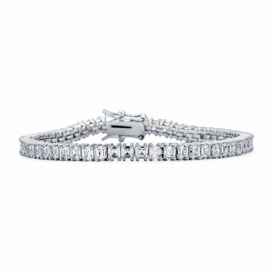 Shop Women Bling Jewelry Tennis Bracelets | Square Asscher Cut Cz Channel Set Tennis Bracelet Brides Silver Plated