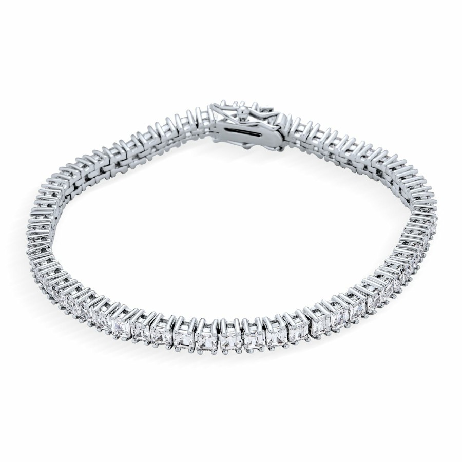 Shop Women Bling Jewelry Tennis Bracelets | Square Asscher Cut Cz Channel Set Tennis Bracelet Brides Silver Plated