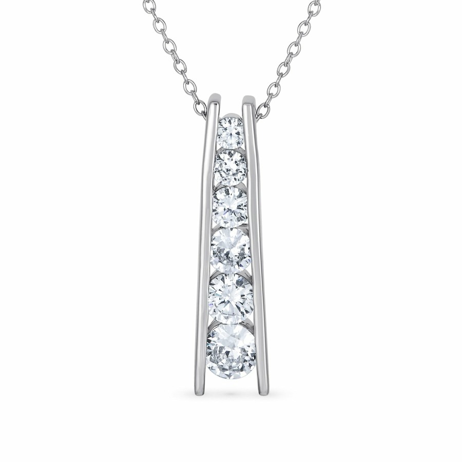 Shop Women Bling Jewelry Pendant Necklaces | Solitaire Cz Graduated Cz Journey Bar Pendant Necklace Sterling Silver