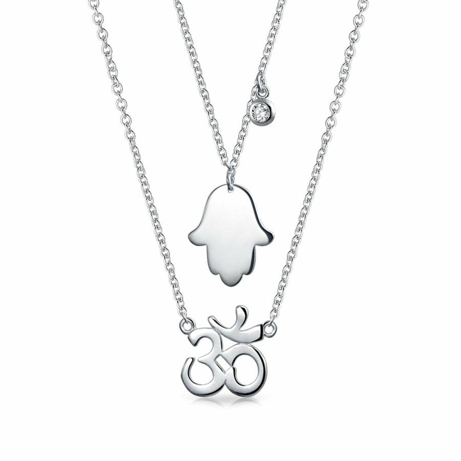 Shop Women Bling Jewelry Engravable Necklaces | Hamsa Hand Aum Om Yoga Symbol 2 Layering Pendant Necklace Sterling Silver