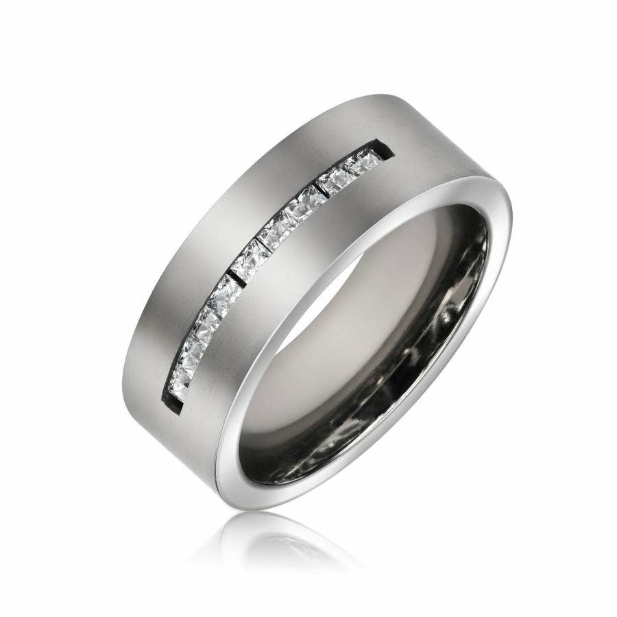 Shop Men Bling Jewelry Mens Engravable Rings | Wide Channel Set Cz Couples Wedding Band Ring 7Mm Tone Titanium Silver