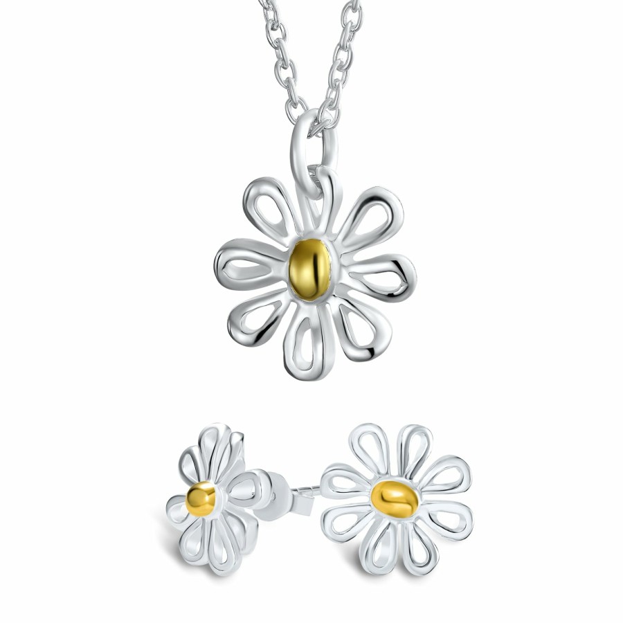 Shop Women Bling Jewelry Delicate Pendant Necklaces | 2-Tone Sunflower Daisy Jewelry Flower Earrings Bracelet Pendant Silver