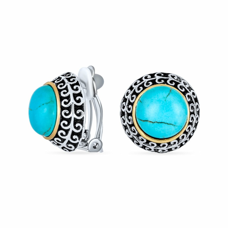 Shop Women Bling Jewelry Clip On Earrings | Bali Button Style 2 Tone Simulated Pearl Onyx Turquoise Clip On Earrings