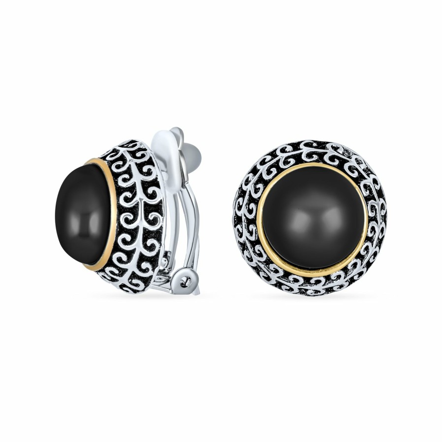 Shop Women Bling Jewelry Clip On Earrings | Bali Button Style 2 Tone Simulated Pearl Onyx Turquoise Clip On Earrings